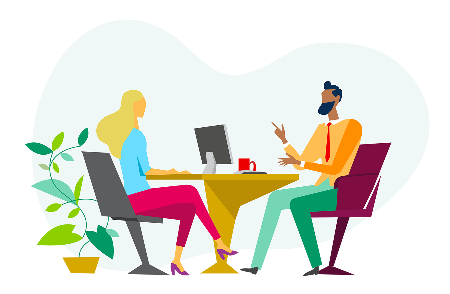 Illustration Beratungsgespräch zwischen zwei Personen am Schreibtisch