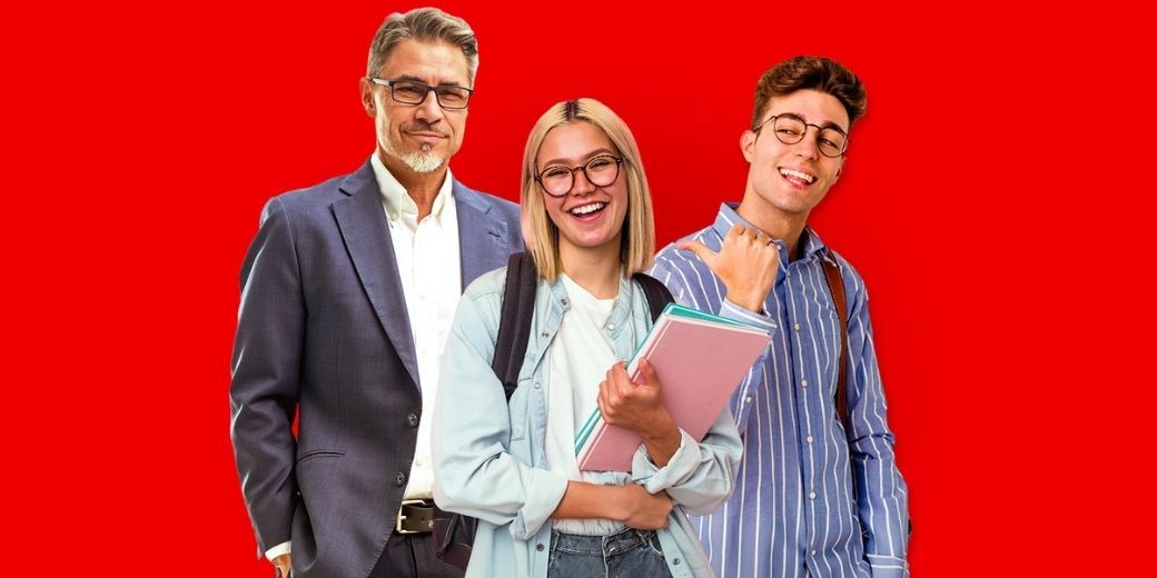 Zwei junge Menschen mit Unterlagen vor rotem Hintergrund als Symbol für Karriere, Ausbildung, Studium und Berufseinstieg bei der Sparkassen-Versicherung Sachsen.